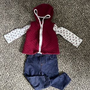 Carter’s 3 piece set burgundy vest with floral onesie and jeggings.